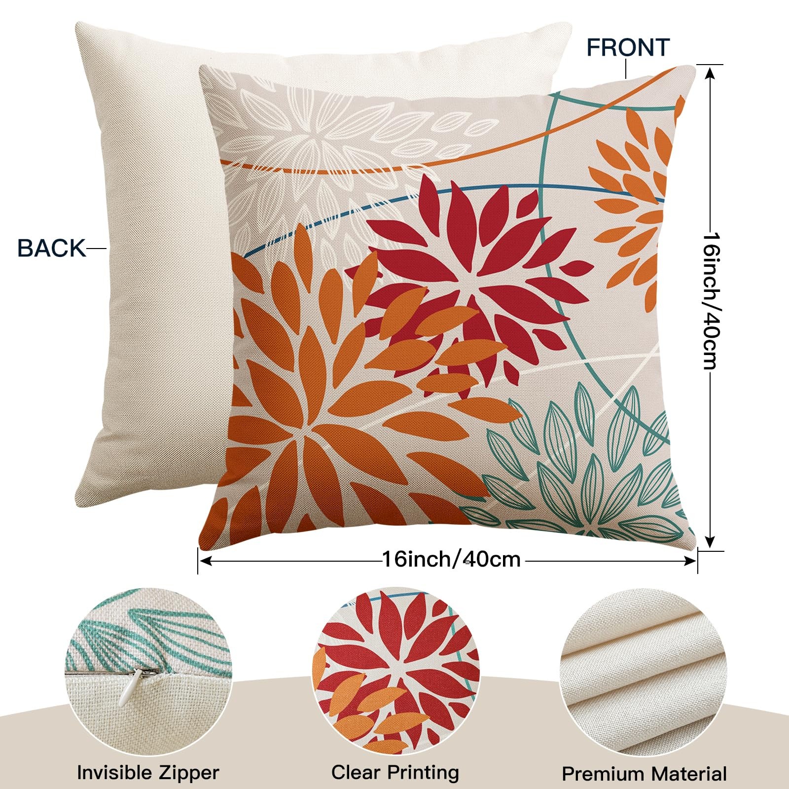Housse de coussin 40x40cm géométrique | Fleurs orange et rouge