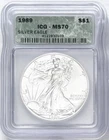1989 SILVER EAGLE ICG MS70 GREEN LABEL