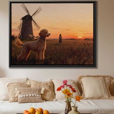 Sunset Landscape Oil Painting Poodle Dog Canvas Print Rustic Wall Art Decor
