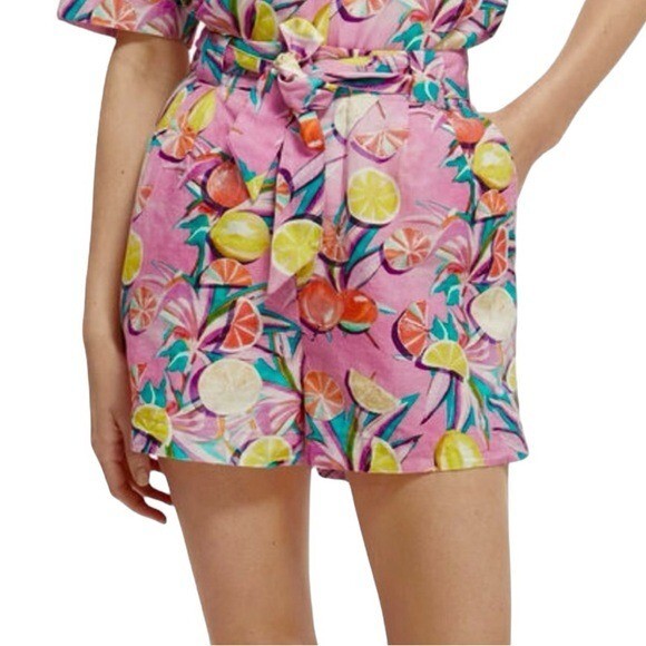 NWT Scotch & Soda Linen High Waisted Fruit Print Shorts Pink Size XS retail $138