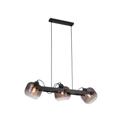 LED Pendellampe schwarz 3 flammig Holz Rauchglas höhenverstellbar Retro Look