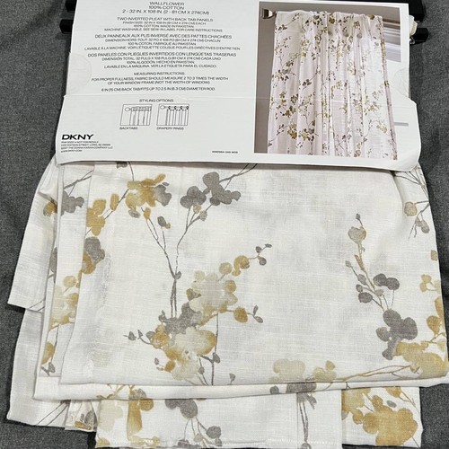 DKNY 32 x 108 COTTON Wallflower Inverted Pleat Window Curtains Gray Gold White - Picture 7 of 8
