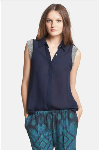 Women's HAUTE HIPPIE Navy Blue  Beaded Embellished Cap Sleeve Silk Blouse S $395