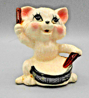 Vintage White Cat Playing Drums 1970's Happy Cat 3'' Tall