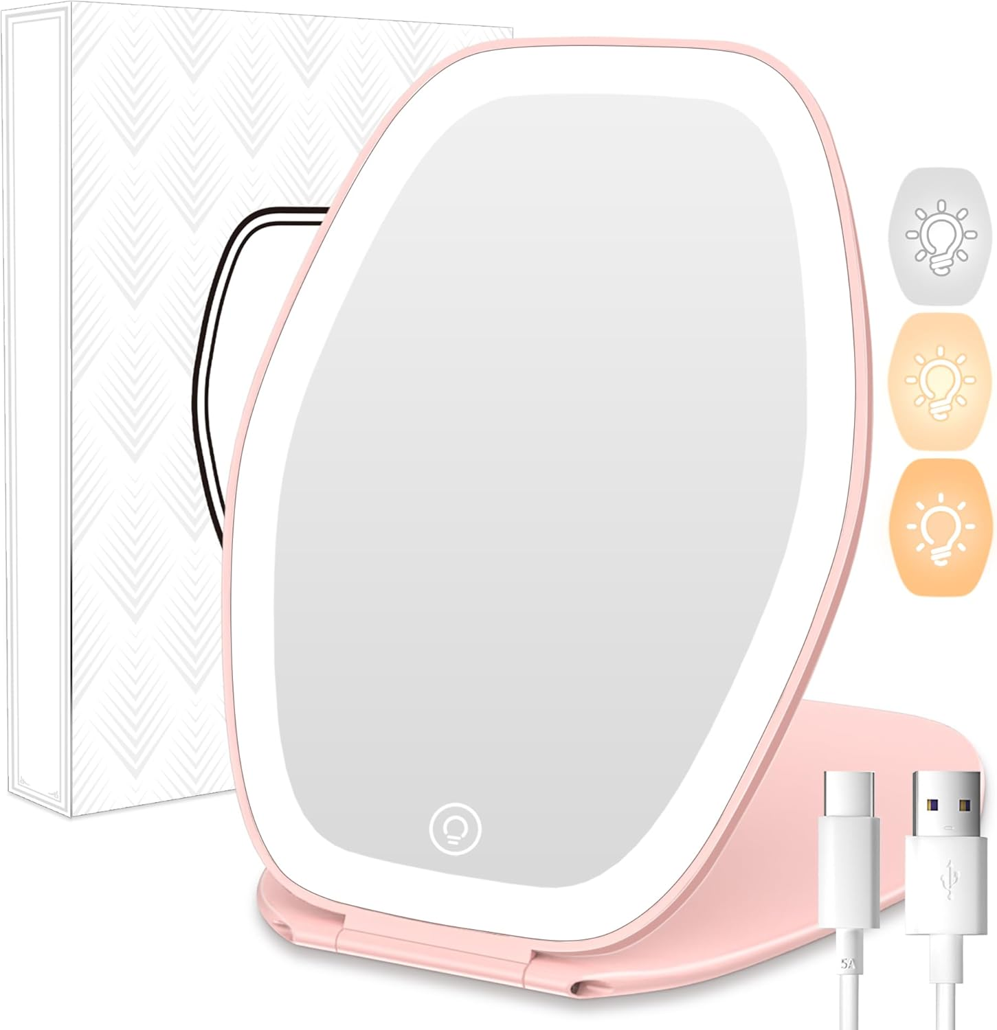 Travel Makeup Mirror with Light: 3-Color Touch Control LED Vanity Mirror for Portable Use-image