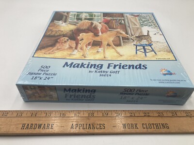  MAKING FRIENDS  SunsOut 500 Piece Jigsaw Puzzle Horse Mare + Foal Cat Dog Birds