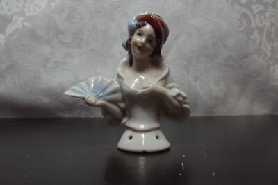 Vintage Porcelain Half-Doll 3'' With Red Hat and Fan. Made in Germany