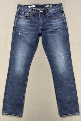 Gap Jeans 1969 Mens 32x32 Blue Low Slim Straight Faded Whisker Distressed Denim