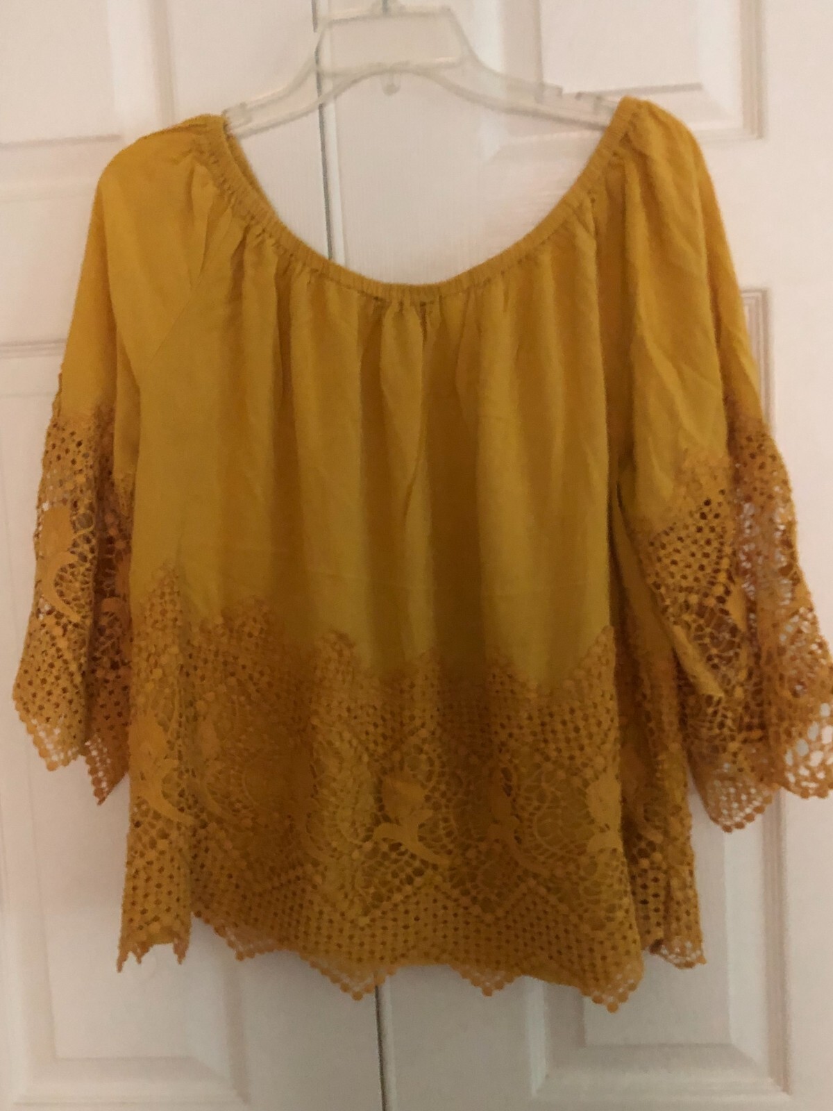 Miss Lili Plus Size 1X Off Shoulder Mustard Yellow Lace Trim Top Blouse Women image 7