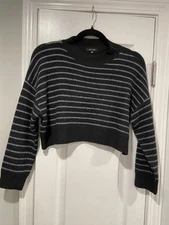 Love Tree Tilly’s Size S Black Gray Fuzzy Striped Mock Neck Cropped Sweater