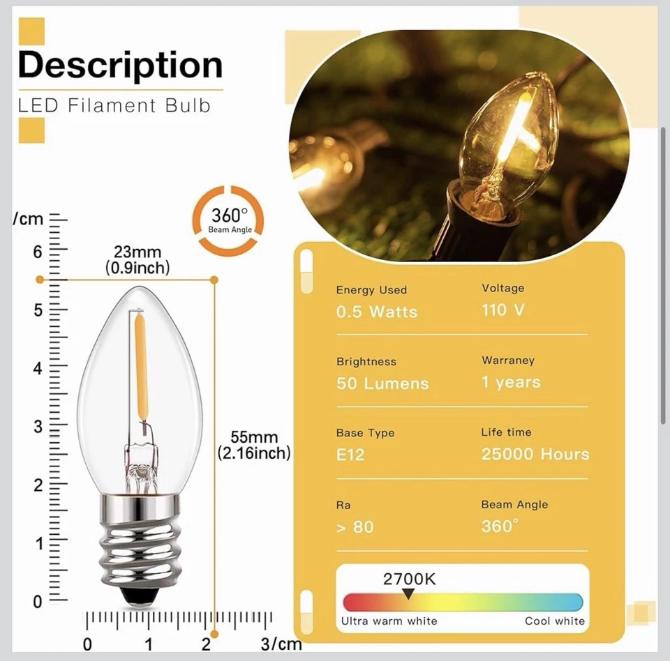 C7 LED Bulbs,0.5 Watts Filament Night Light Bulb Edison Style Sign Light - Image 3 of 4