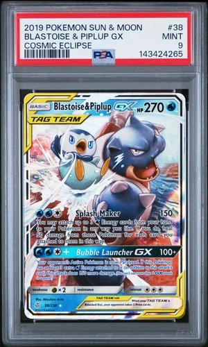 2019 POKEMON SUN & MOON COSMIC ECLIPSE #38 BLASTOISE & PIPLUP GX PSA 9
