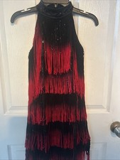 Weissman Girls Dance Costume Size MC Red Black Sequin Halter Dress Jazz Tap