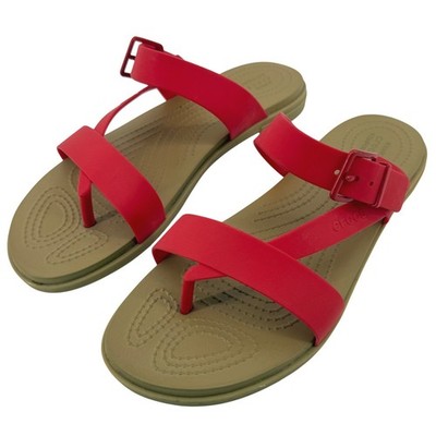 Crocs Tulum Toe Post Sandal Red Tan Women 9 Strappy Slip On Flip Flop Buckle New