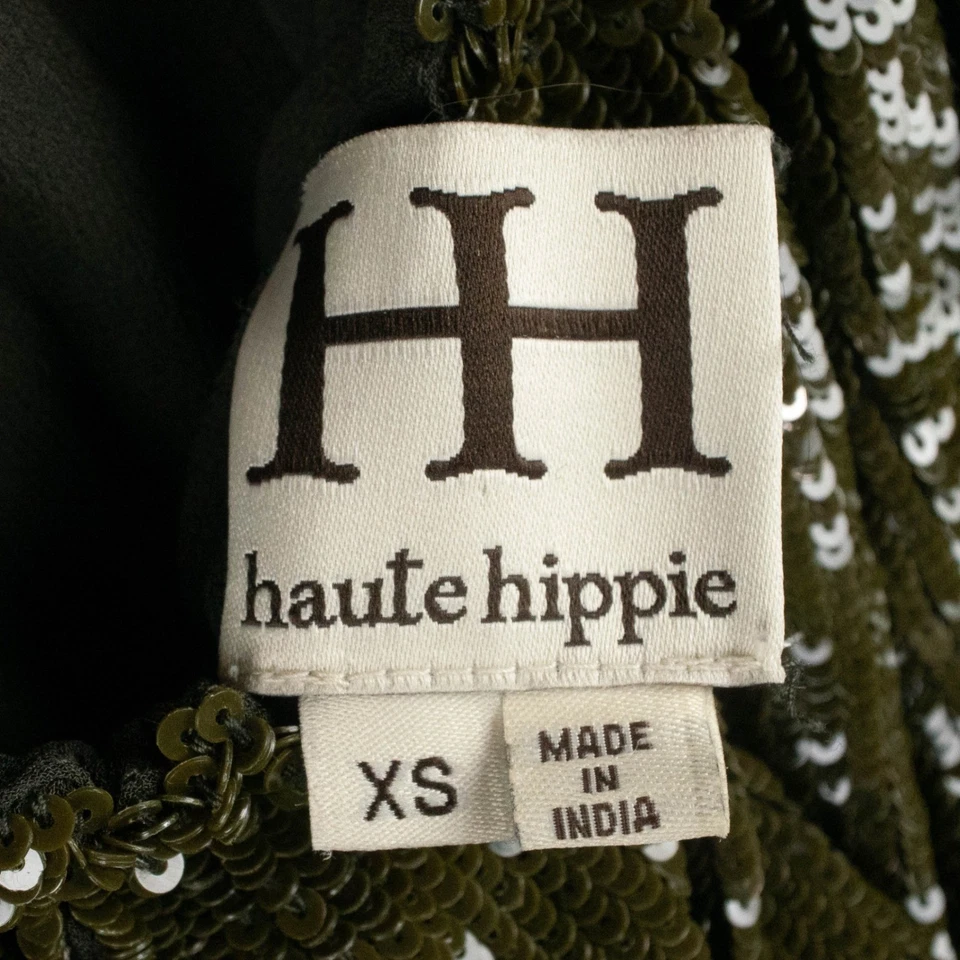 Mini Vestido Halter Lentejuelas Alta Hippie 100% Seda Blusa Fiesta Verde Oliva XS Foto 4 de 4