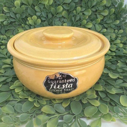 Vtg Fiesta Kitchen Kraft Individual Covered Casserole Yellow Original Label 4.5"