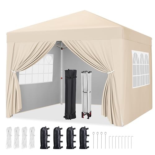 Pop Up Canopy with 4 Removable Sidewalls, Portable Enclosed 10x10 Beige - Picture 2 of 7