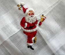 VINTAGE CHRISTMAS HANKY HANKIE EMBROIDERED SANTA KICKING UP HIS HEELS NEW W/TAG