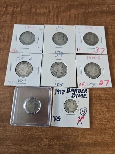 1902 ,1906,1914,1915,1916d Barber Half Dollar Coins Nice Lot +2 Barber Dimes