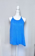 Halston Women’s SZ M Tank Top Blue 100% Linen Sleeveless Asymmetrical Hem