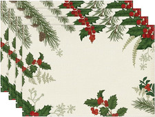 Holly Pine Cone Christmas Placemats Set of 4, 12X18 Inch Seasonal Winter Table M