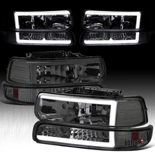 Fits 99-02 Chevy Silverado 00-06 Tahoe Smoke LED Tube Headlights+Bumper Lamps