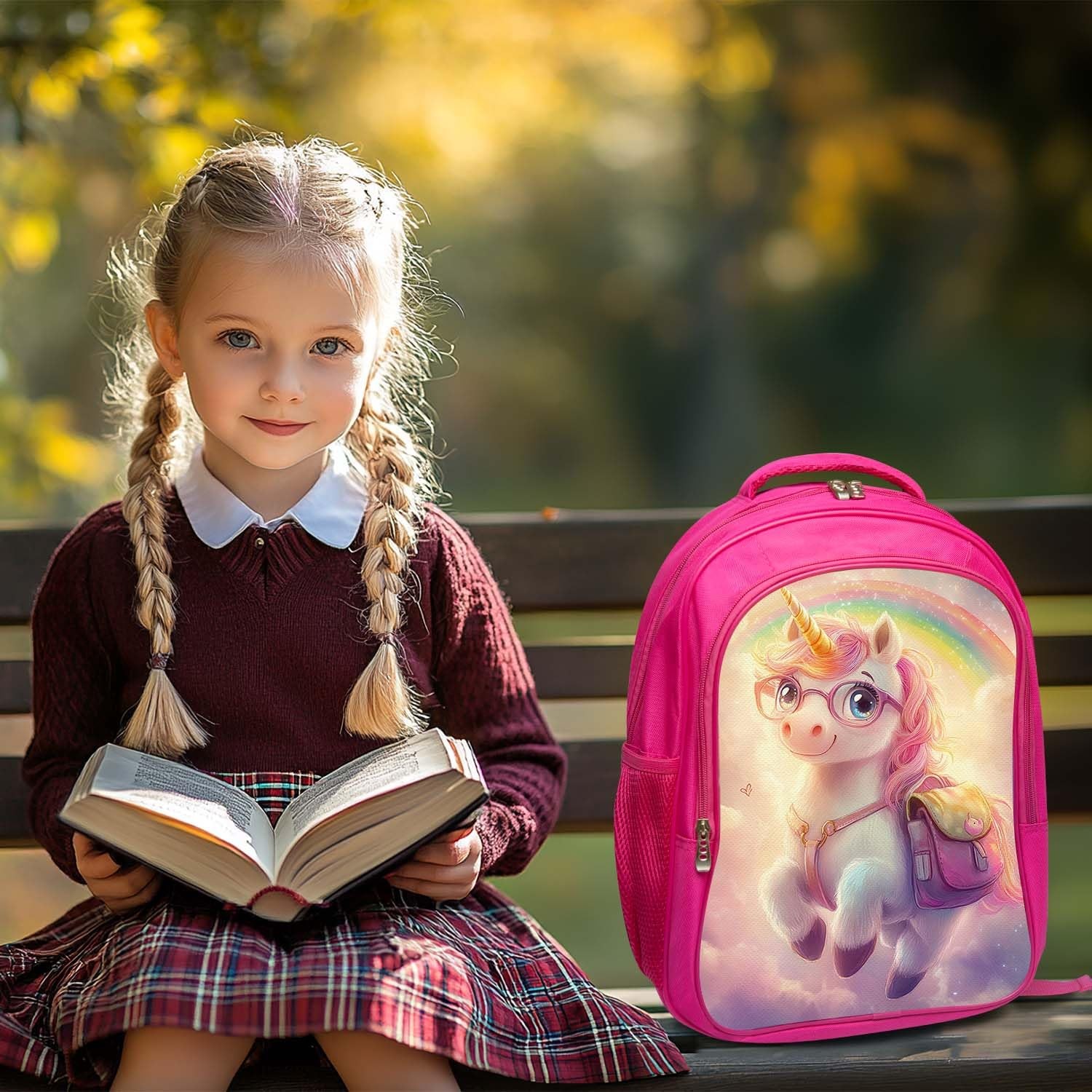 Cute Unicorn Pink Backpack 3PCS 16" Preschool Elementary Schoolbag with Lunch...