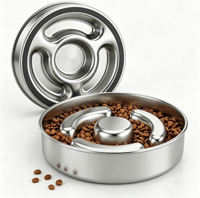 AIPERRO Slow Feeder Dog Bowl Stainless Steel, 2 Cups Metal Non-Slip Dog Food Bow