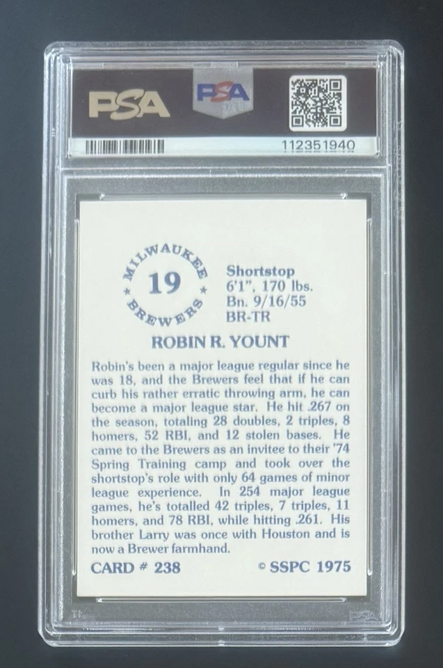 Robin Yount 1975 novato de la corte PSA 9 como nuevo Foto 2 de 2