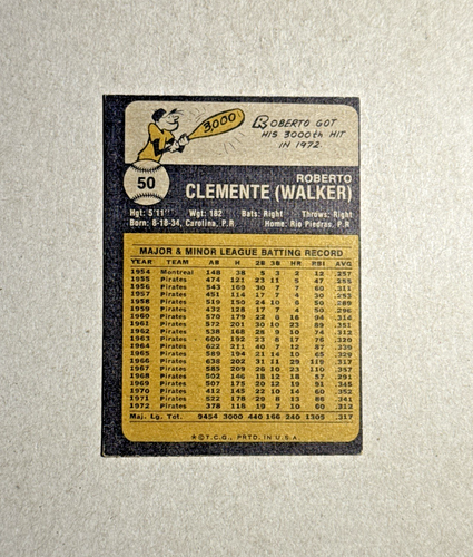 1973 Topps Roberto Clemente #50 Carta Baseball HOF Vintage! Ottimo - Foto 2 di 2
