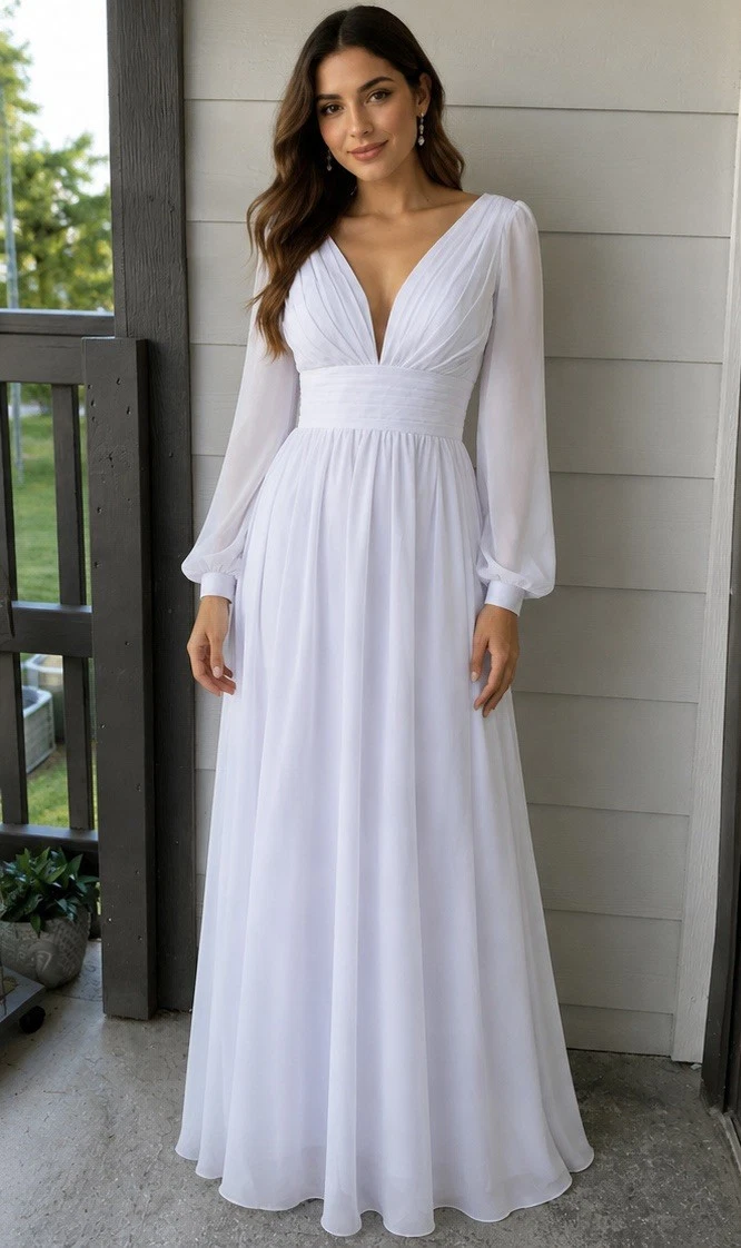Vestidos de otoño para mujer, vestido de gasa para invitados de boda, casual, manga larga, cuello en V, plisado, vestido largo, Negro