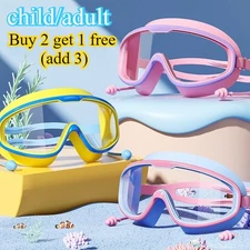 Large Frame Swim Goggles Anti-Fog Waterproof HD Silicone Ear Plugs Adults Kids