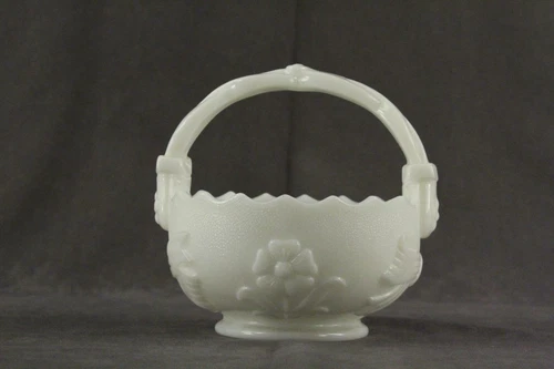 Vintage IMPERIAL Milk Glass Flower Floral & Ribbon Textured Stipple Basket