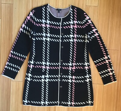 Talbots Thick Knit Long Straight Cardigan Sweater Blazer Black Pink Small Petite