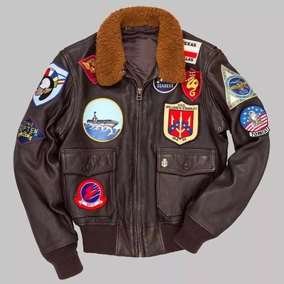 Men's Maverick Top Gun Aviator Pilot Leather Bomber Jacket With Embroidery Patch