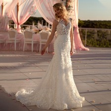 High Neck Mermaid Wedding Dress Sleeveless Appliques Buttons Back Bridal Gowns