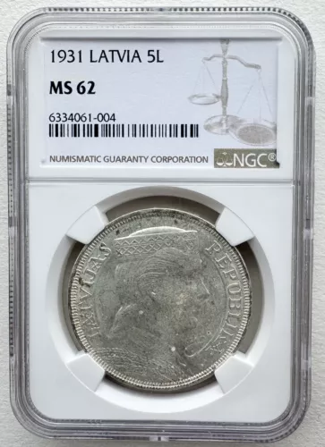 NGC MS62 Latvia 1931 Silver Coin 5 Lati