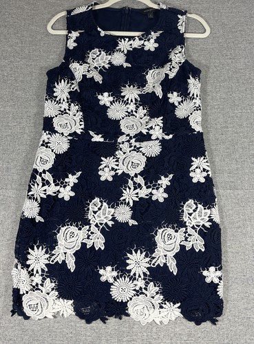 BANANA REPUBLIC SIZE 6 NAVY BLUE Lace FLORAL STITCHED dress Cocktail Formal ZIP - Picture 2 of 12