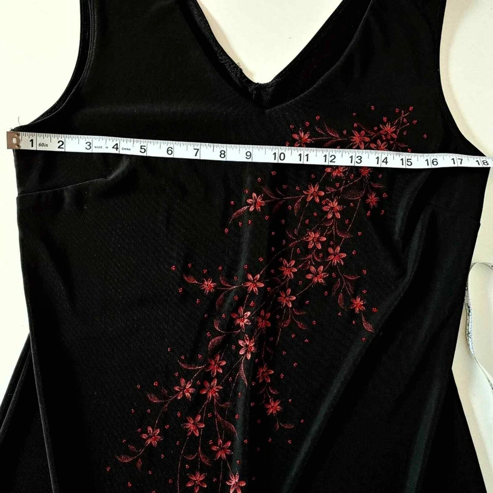 Vestido Vaina Floral Vintage Negro Sin Mangas Elástico Cuello en V Rojo Cuentas Talla L Foto 3 de 4