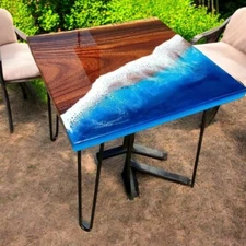 24" Square Blue Ocean Epoxy Resin Coffee Countertop Acacia Wooden Furniture Deco