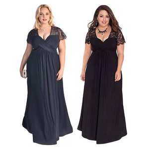 Women-Lace-V-Neck-Cocktail-Wedding-Evening-Party-Ruched-Long-Dress-Plus-Size