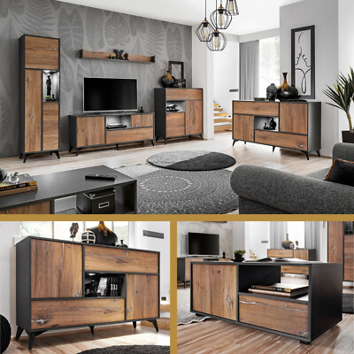 NEU komodee Orvieto TV Wohnzimmermöbel Eiche Schwarz Vitrine Regal Sideboard LED