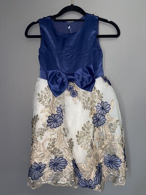 Blue Satin Print Flower Girl Dress Bow Princess Party Formal Size 130 6T -  7T | eBay