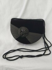 Vtg EATON Black Velvet Evening Purse Bag Satin Rosette Braided Strap 1970s Prom