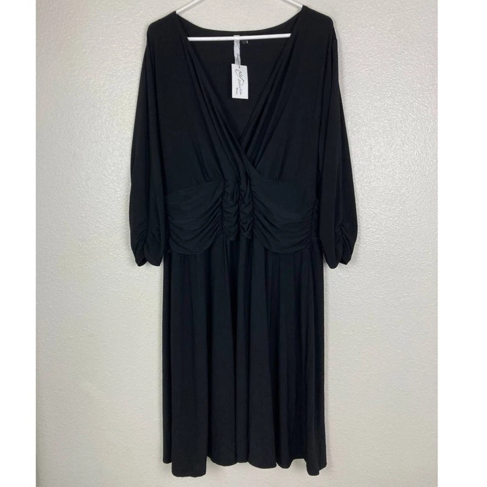 NY Collection Dress Womens 2X Ruched Waist 3/4 Sleeve Knee Length Midi Stretchy - Image 3 of 4