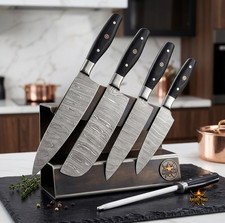 Damascus Kitchen Knife Set 4PCS Black Chef Knives BBQ Cooking Kit + Leather Bag