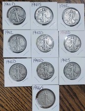 Walking Liberty Silver Half Dollars Lot of 10, Circulated 90 Silver