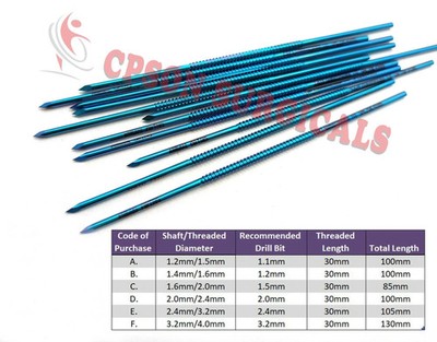 Positive Profile Centre Threaded Titanium Wire Length - Lot of 5pcs Veterinary