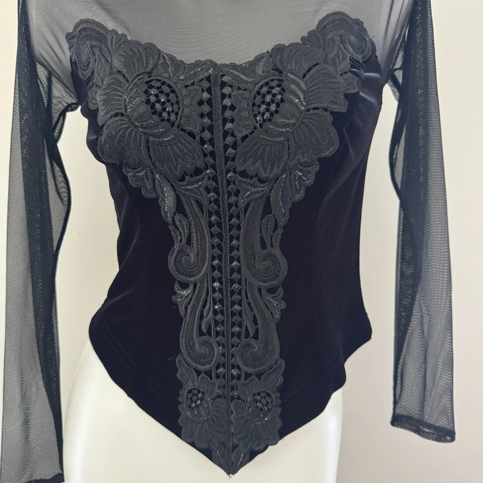 90s vtg CACHE Mall Goth Fishnet VELVET Burnout Beaded Whimsigoth Corset Top S - Image 4 of 4