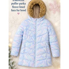 Lands End Kids Iridescent Puffer Parka Faux Fur Hood Fleece Lined Size XL 14-16